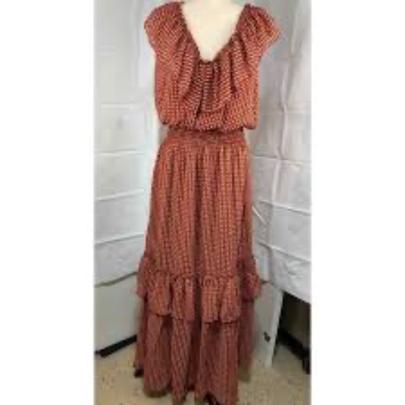 New Max Studio Burnt Orange Flutter Neckline Tiered Lined Midi Dress - Picture 1 of 3
